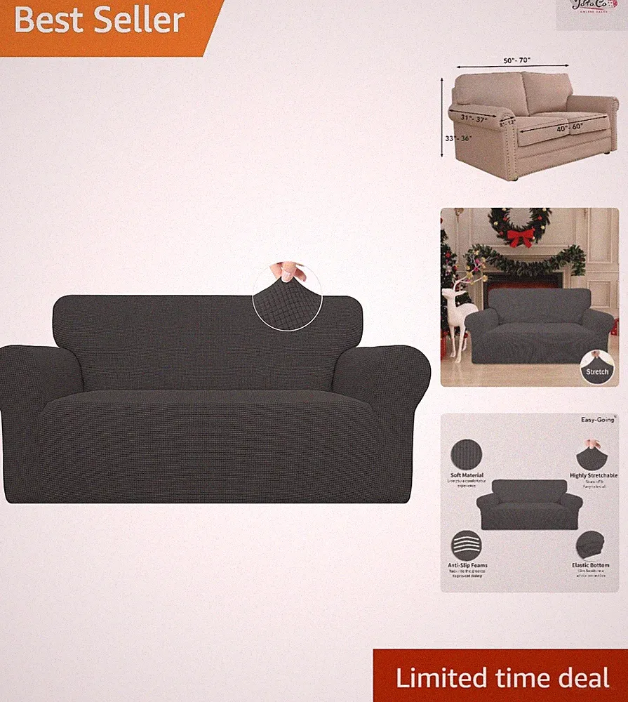 Elegant Dark Gray Stretch Loveseat Slipcover - Soft Jacquard Couch Protector