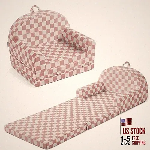 Foldable Toddler Couch, 2-in-1 Comfy Toddler Chair & Lounger Blush Checkered