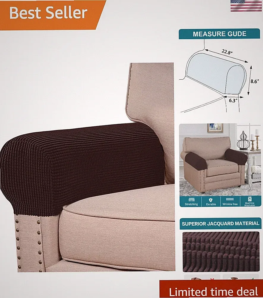 Recliner Armrest Covers in Luxurious Brown Jacquard - 2-Pack Washable Protectors
