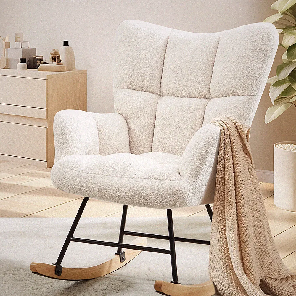 Rocking Chair High Backrest Armrest Accent Reading Recliner Teddy Upholstered