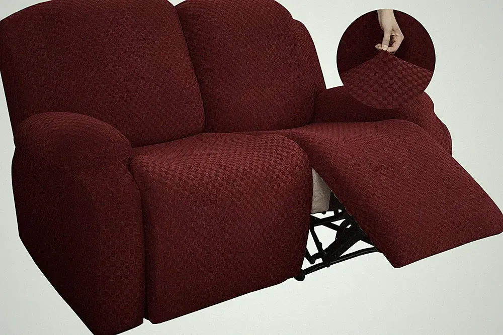 Stretch Jacquard Recliner Slipcover Set with Side Pocket - Wine Red