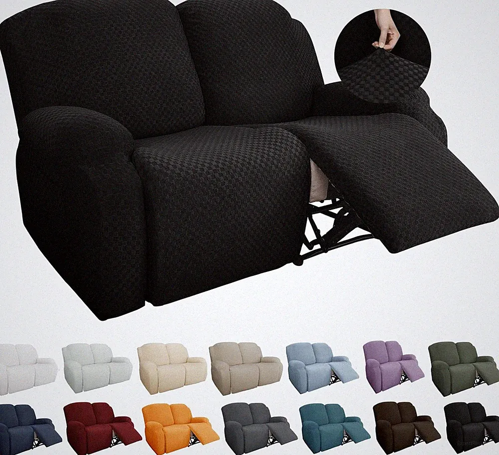 Stretch Loveseat Recliner Slipcover with Side Pocket, Black, 6 Pieces