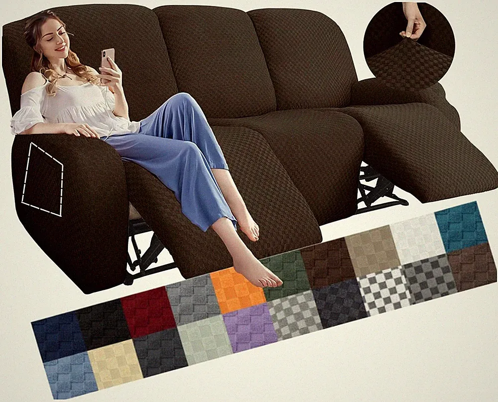 Stretch Recliner Sofa Cover 8-Piece Set, Jacquard, Dark Coffee, Anti-Slip