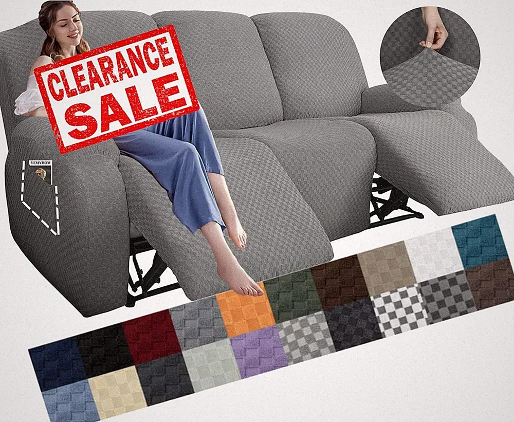 Stretch Recliner Sofa Cover Set, Jacquard Anti-Slip, Light Gray, 8 Pieces