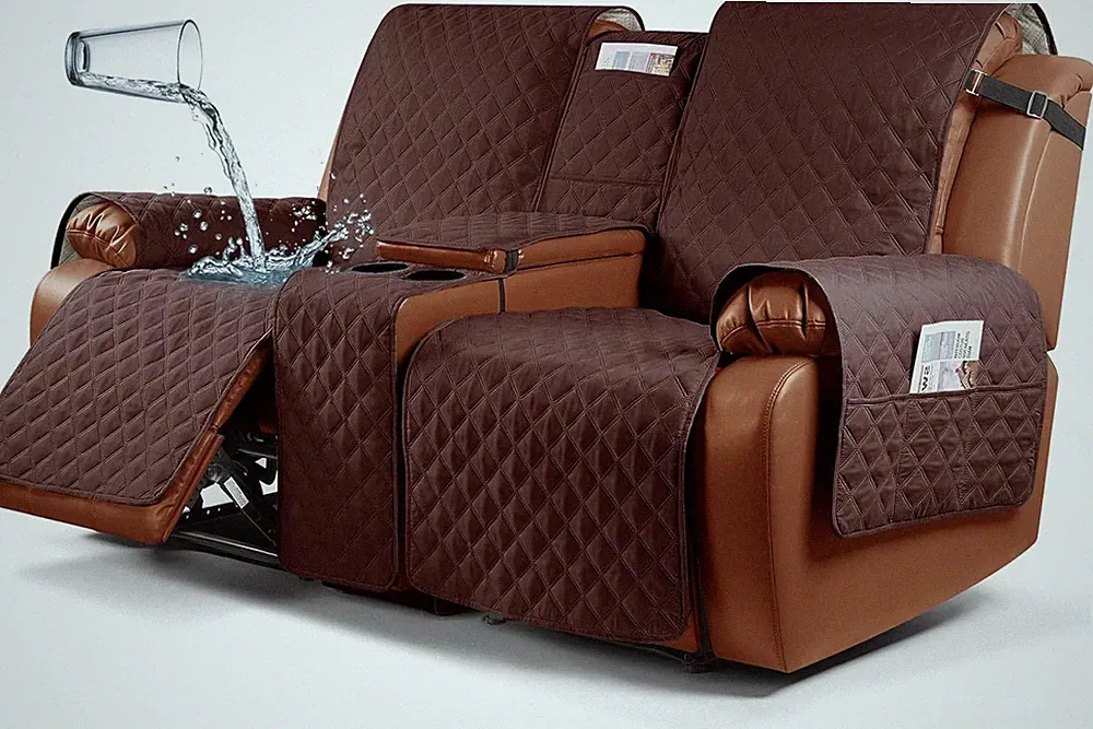 Waterproof Recliner Loveseat Cover with Console for Pets and Kids - Coffee
